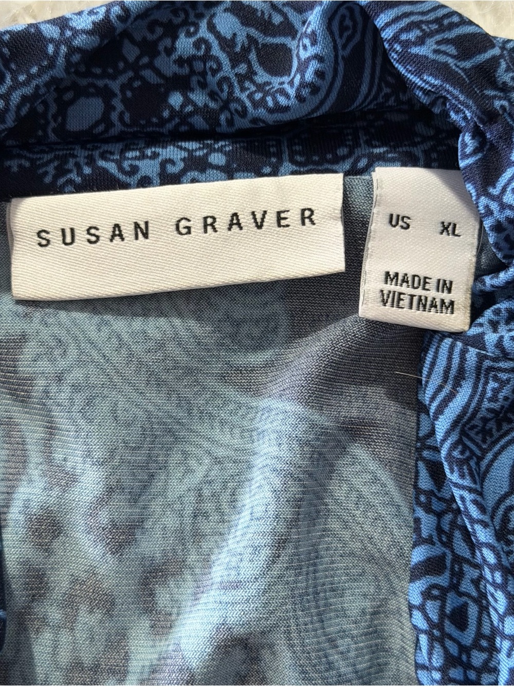 Susan Graver Womens Liquid Knit Paisley Patchwork Top Size XL Tiered Blue Black - Picture 3 of 7